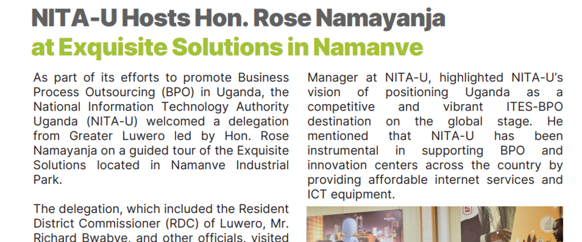 NITA-U Hosts Hon. Rose Namayanja at Exquisite Solutions in Namanve